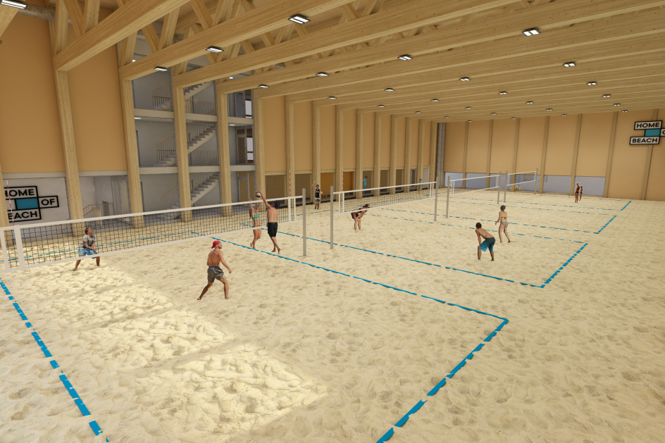 HOME OF BEACH: Holz, wohin das Auge reicht. 4 Indoor-, 8 Outdoor-Felder, davon 4 auf dem Rooftop. (Visu: HoB; Skript Architekten)