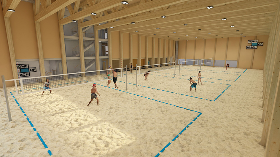 HOME OF BEACH: Holz, wohin das Auge reicht. 4 Indoor-, 8 Outdoor-Felder, davon 4 auf dem Rooftop. (Visu: HoB; Skript Architekten)